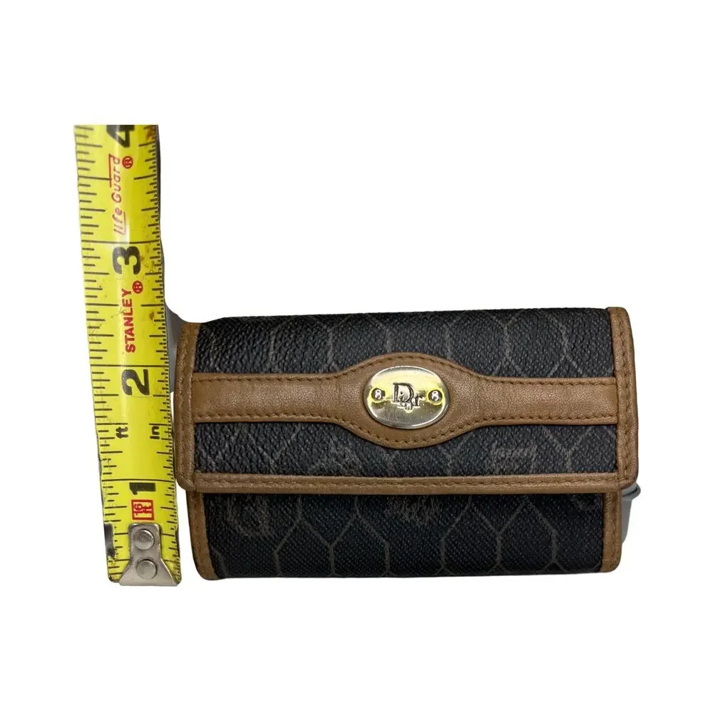 Christian Dior Vintage Honeycomb Key Case Brown Trim Gold Plaque Made in Spain